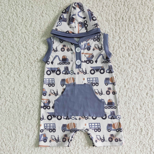 SR0045 Grey Truck Tructor Car Pocket Hoodies Boys Sleeveless Romper