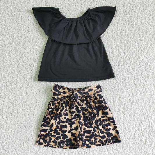 GSSO0082 Black Leopard Off Shoulder Girls Short Sleeve Shorts Outfits