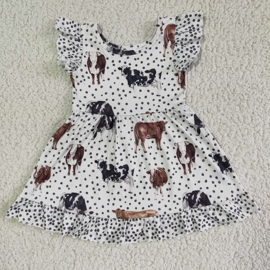 GSD0072 Cows Dots White Girls Flutter Sleeve Dresses