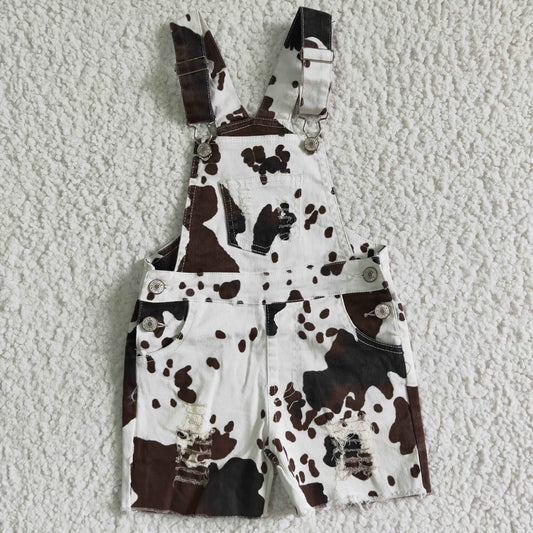 SS0019 Brown Cow Print Distress Overalls Denim Jeans