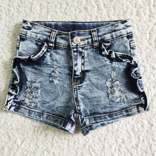 SS0011 Blue Bleaching Distress Girls Shorts Denim Jeans