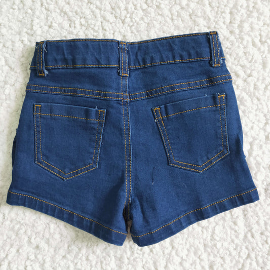 SS0014 Blue Distress Girls Shorts Denim Jeans