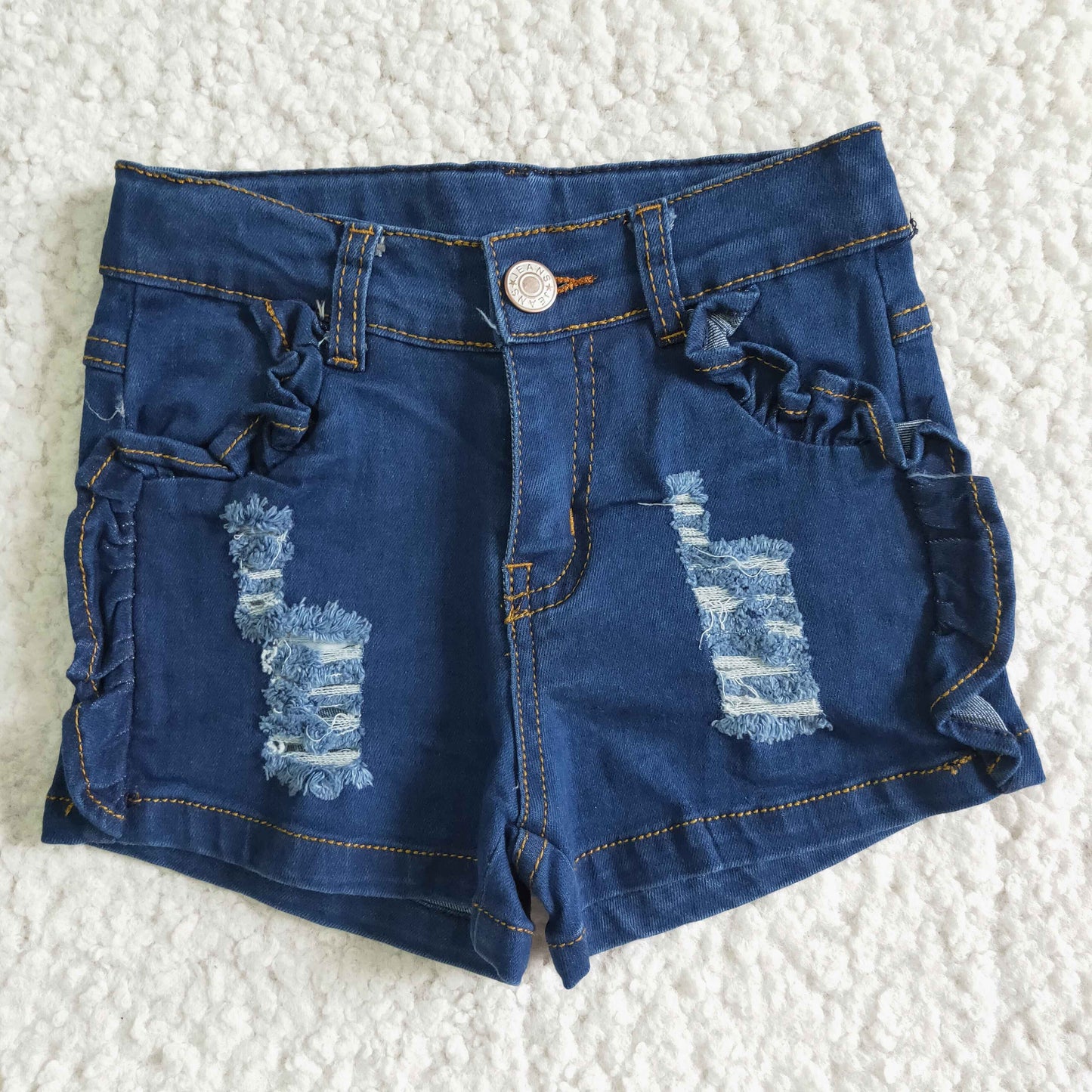 SS0014 Blue Distress Girls Shorts Denim Jeans