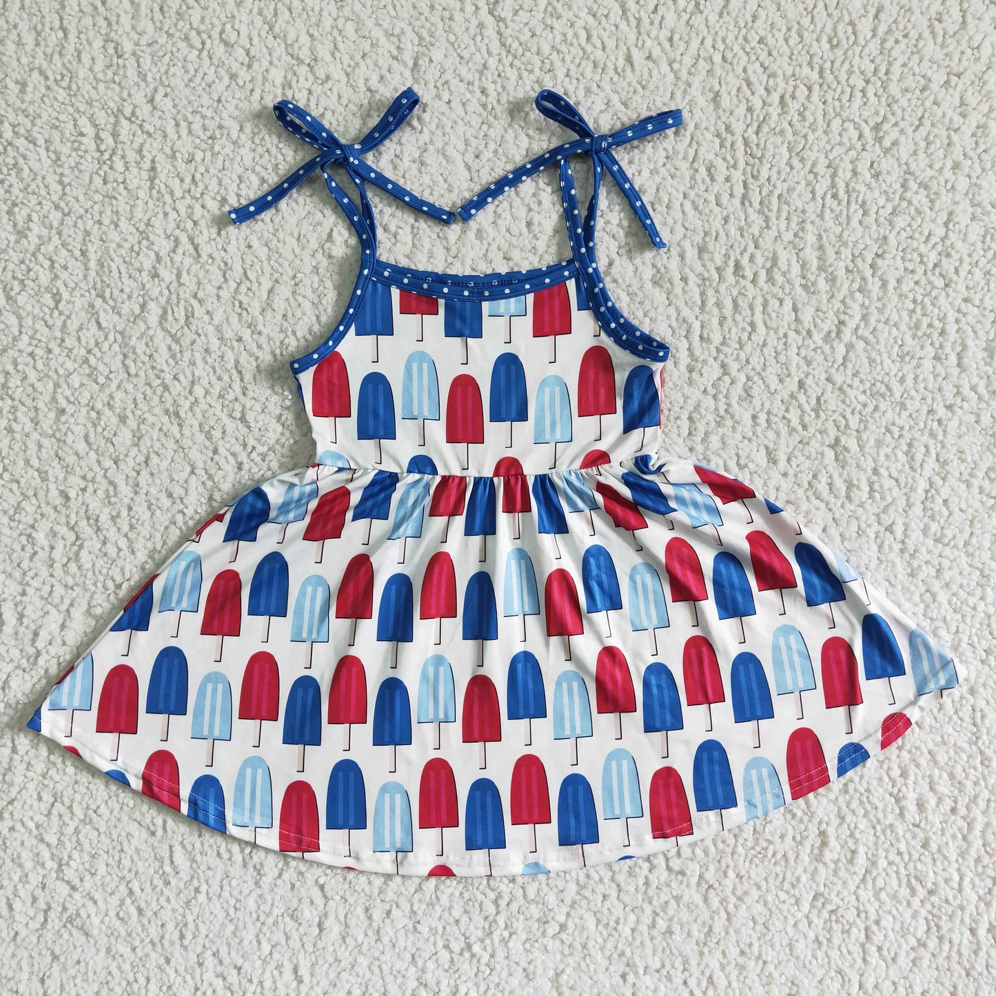 A16-15 4th Of July Ice Cream Popsicle Red Blue Girls Sleeveless Dresses