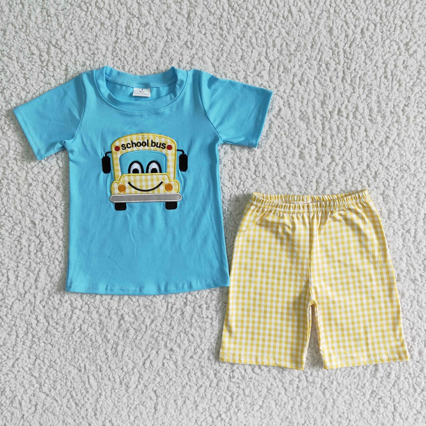 BSSO0055 Back To School Bus Yellow Blue Embroidery Boys Short Sleeve Shorts Outfits