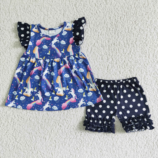 C9-21 Blue Unicorn Rainbow Black Dots Girls Flutter Sleeve Shorts Outfits