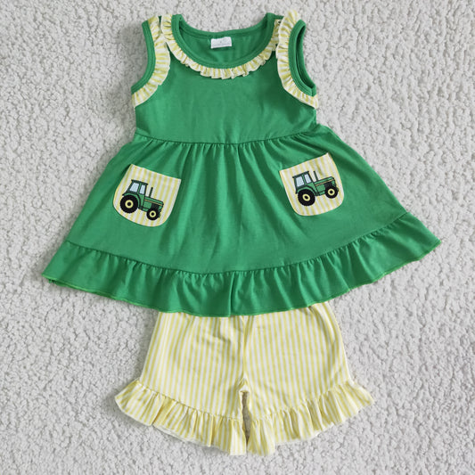 GSSO0097 Green Yellow Stripes Tractors Truck Car Pockets Girls Sleeveless Shorts Outfits