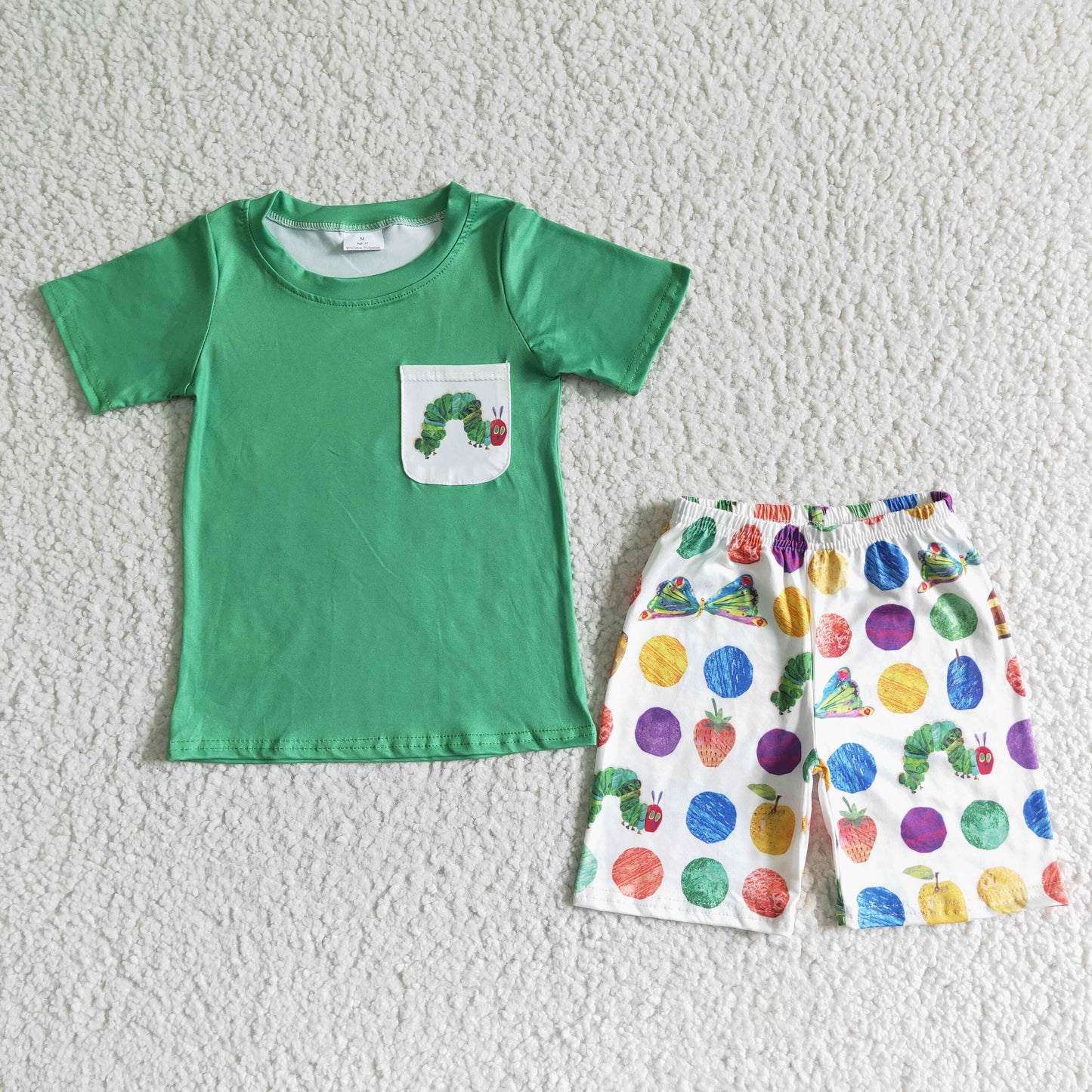 BSSO0064 Green Cartoon Pocket Boys Short Sleeve Shorts Outfits