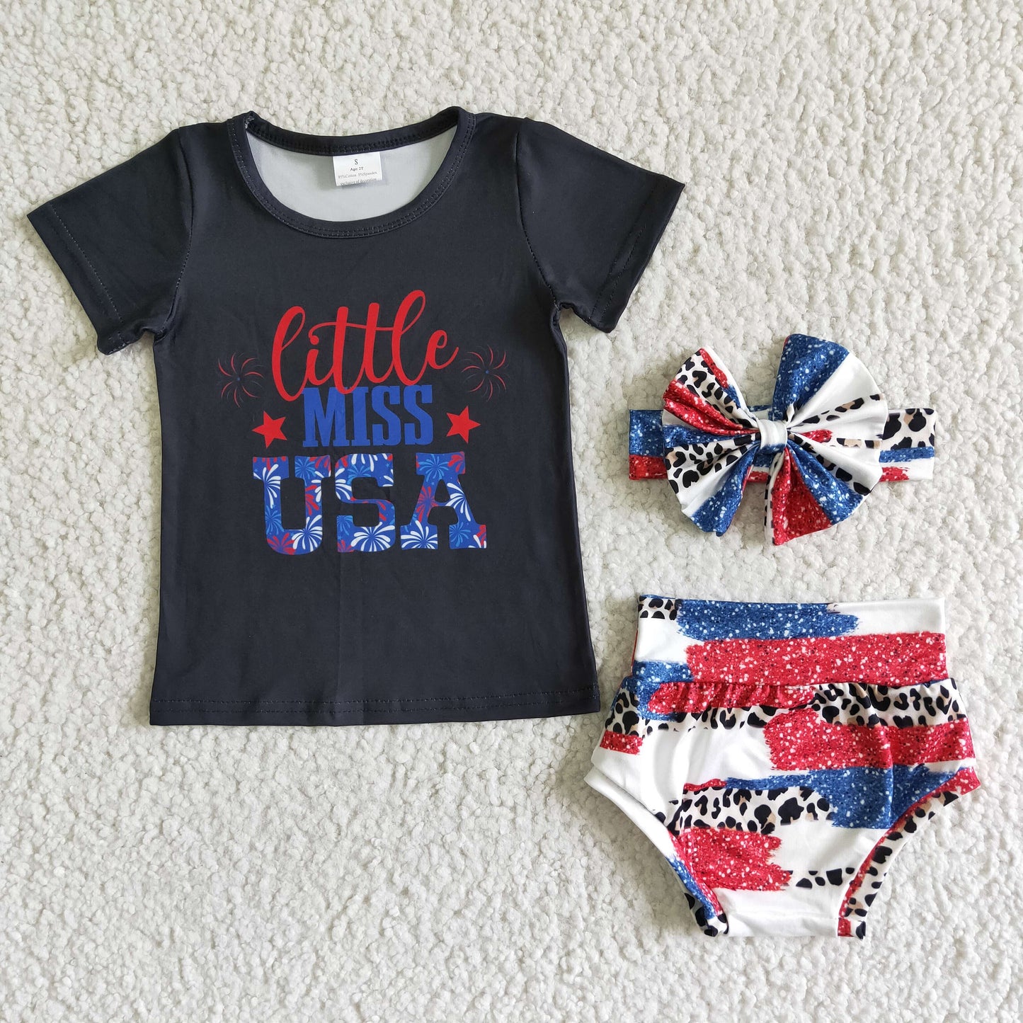 NC0007 4th Of July Little Miss USA With Bow Headband 3pcs Girls Short Sleeve Bummies Outfits