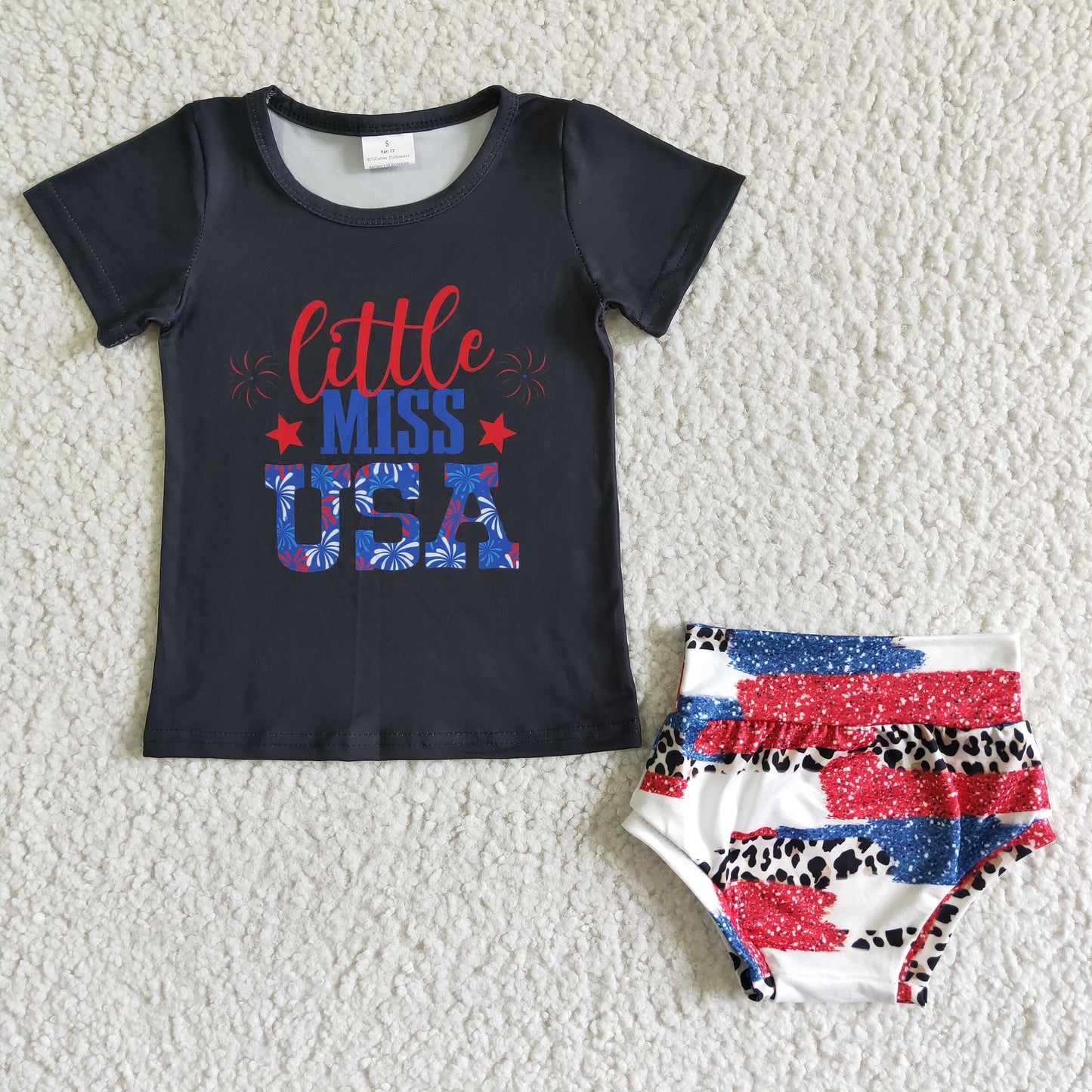 NC0007 4th Of July Little Miss USA With Bow Headband 3pcs Girls Short Sleeve Bummies Outfits