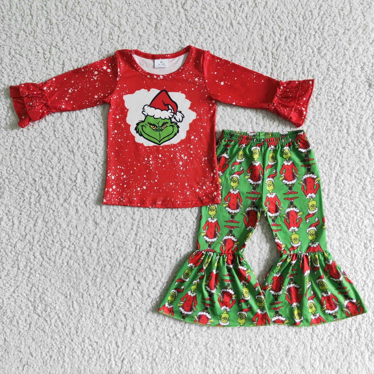 6 B6-37 Christmas Red Green Cartoon Girls Long Sleeve Bell Bottom Pants Outfits