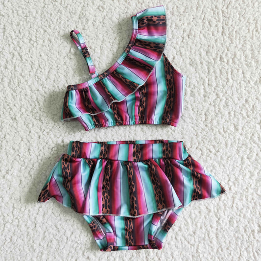 S0022 Pink Blue Leopard Stripes Print Girls Swimming Bathing Suits Swimsuits