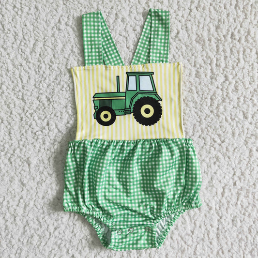 SR0036 Green Plaid Yellow Stripes Truck Tractors Car Girls Sleeveless Romper