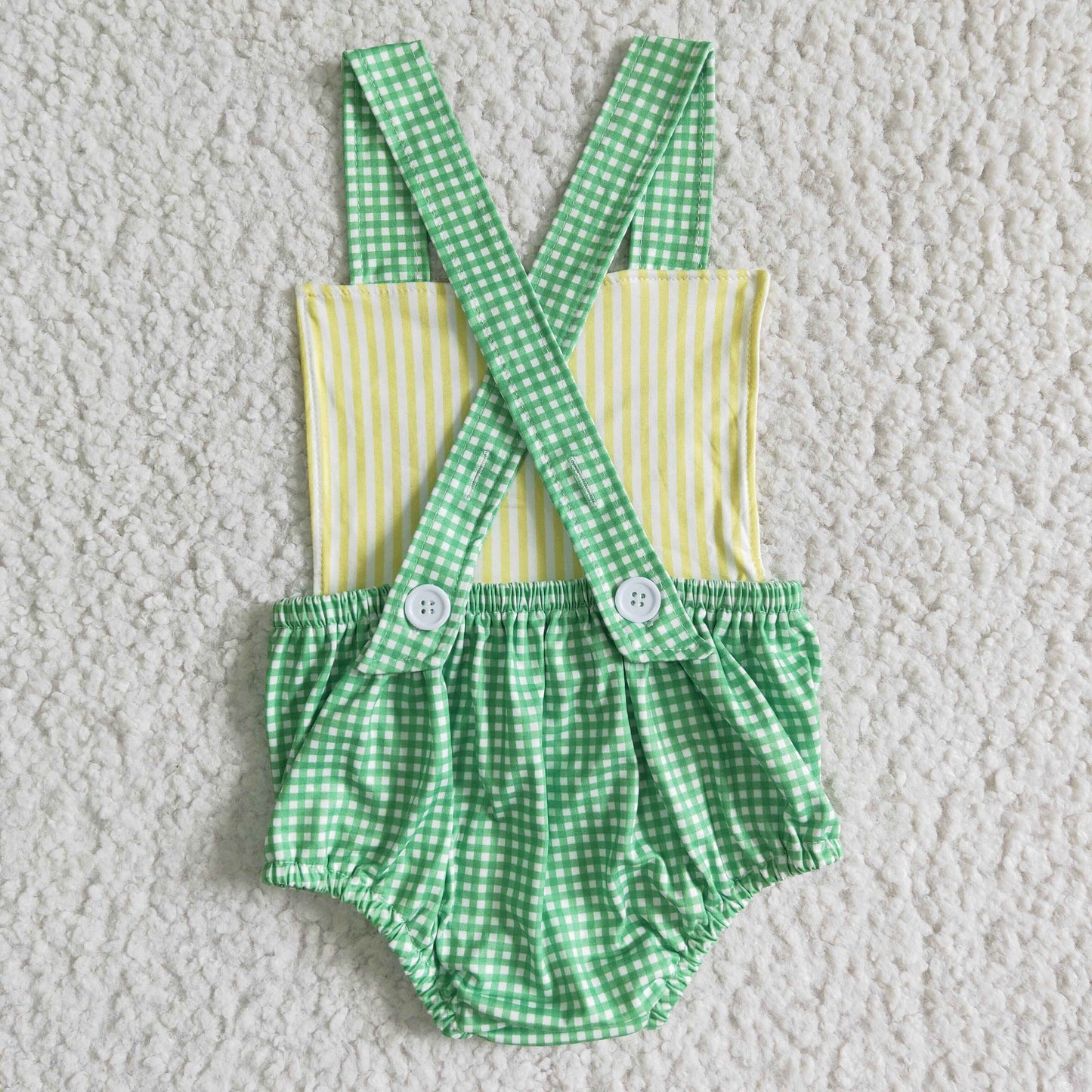 SR0036 Green Plaid Yellow Stripes Truck Tractors Car Girls Sleeveless Romper