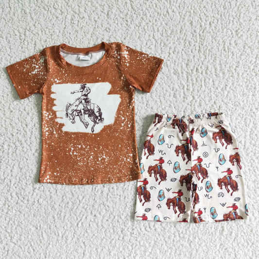 BSSO0076 Brown Cowboy Rodeo Horses Boys Short Sleeve Shorts Outfits