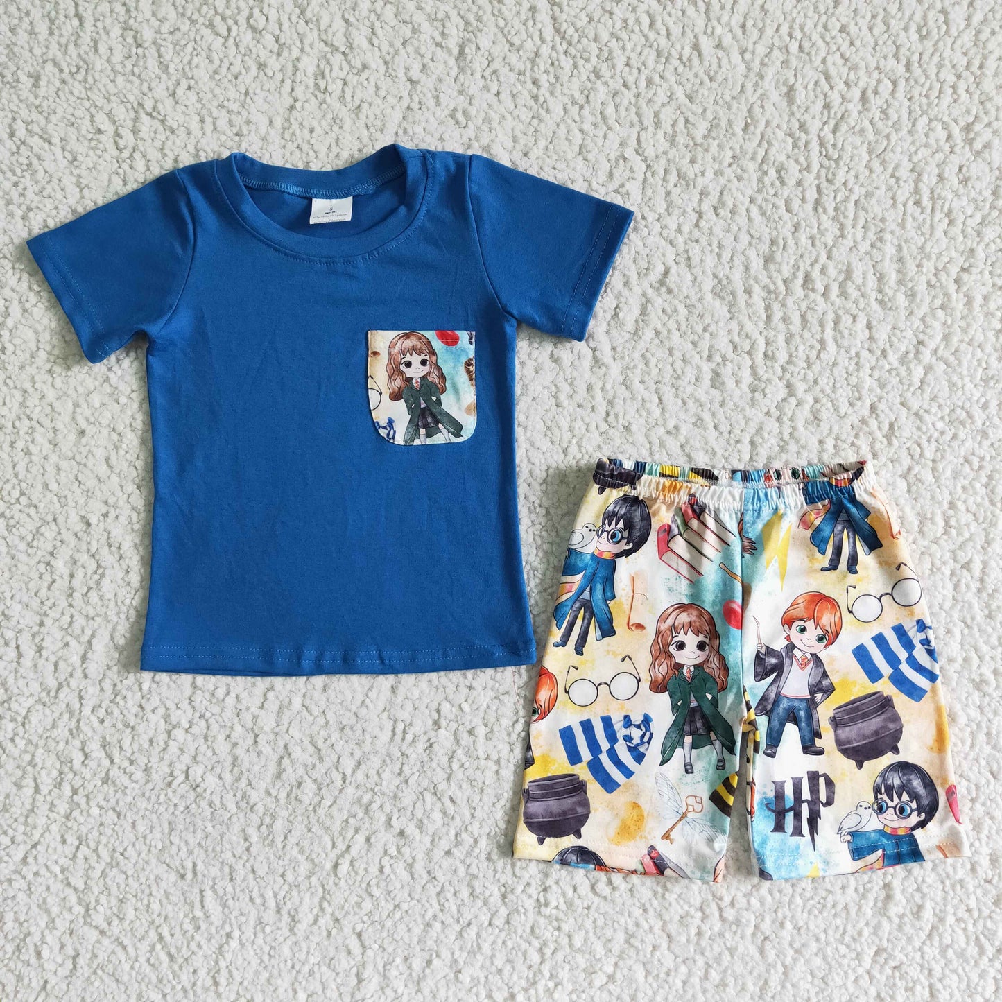 BSSO0048 Blue Cartoon Pocket Boys Short Sleeve Shorts Outfits