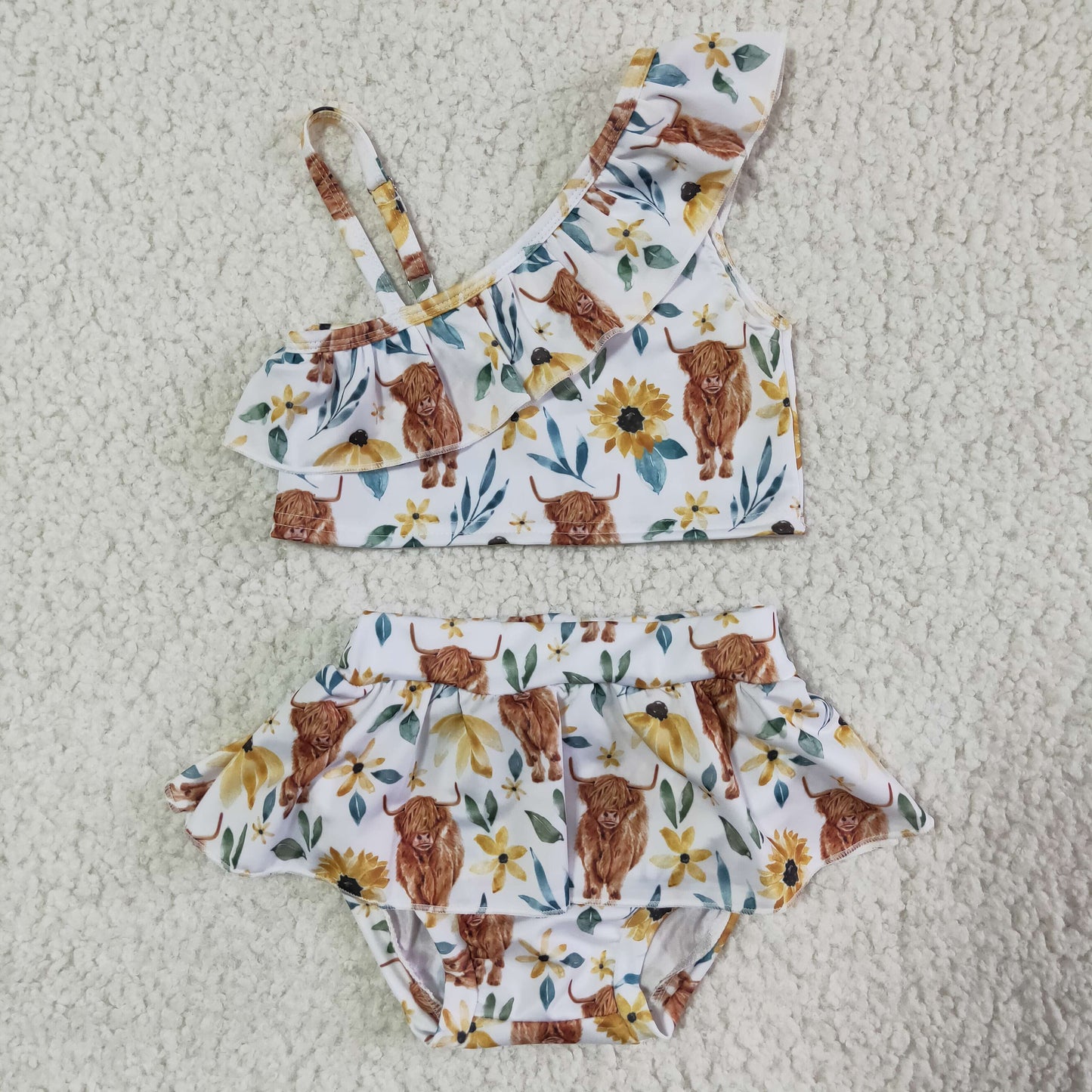 S0025 Highland Cows Sunflower Girls Swimming Bathing Suits Swimsuits