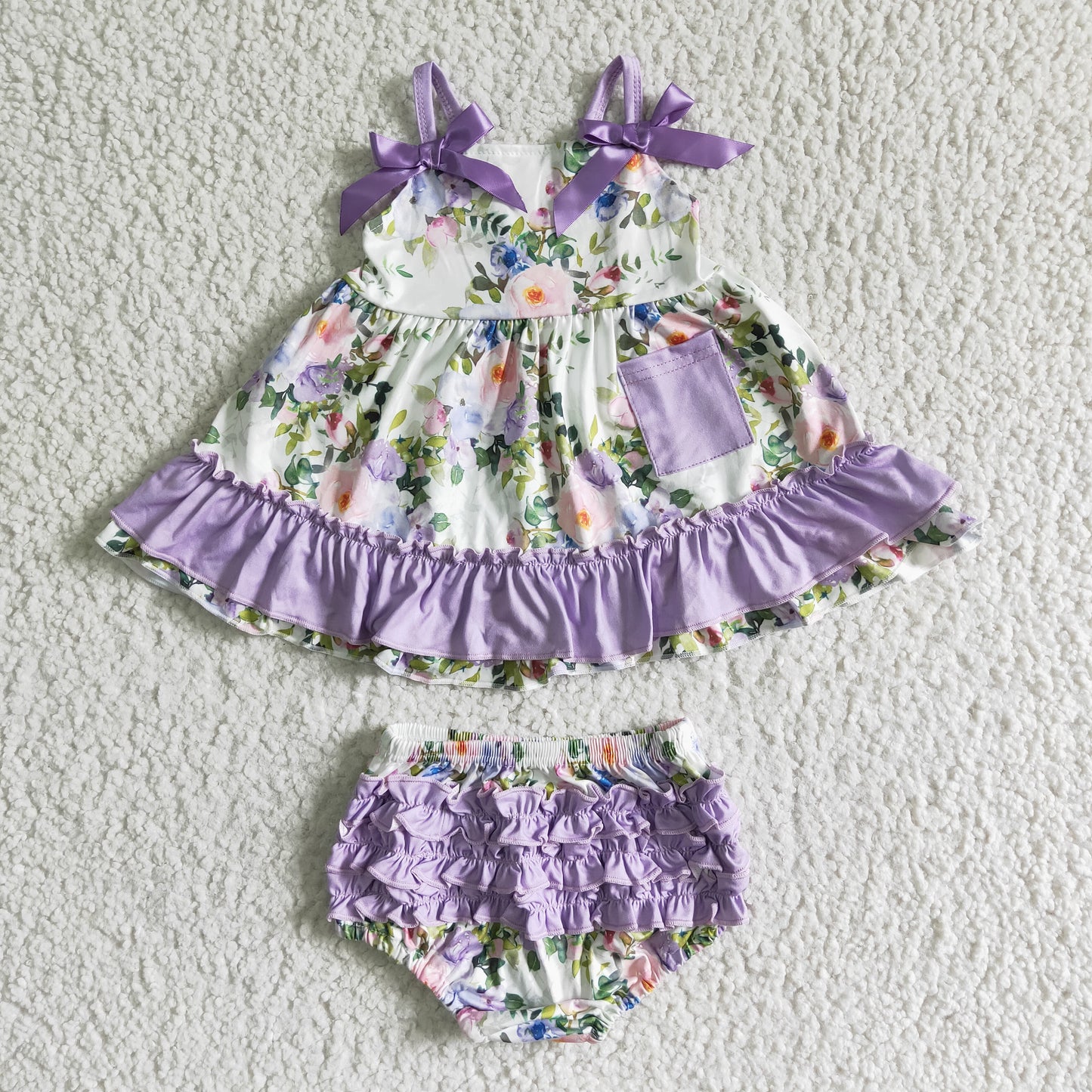 GBO0038 Purple Floral Pocket Girls Short Sleeve Bummies Outfits