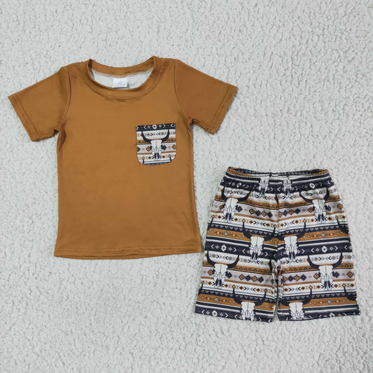 BSSO0073 Brown Highland Cows Western Pocket Boys Short Sleeve Shorts Outfits