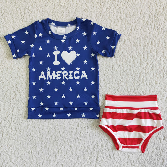 GBO0039 4th Of July I Love Red Stripes Blue Starts With Bow 3pcs Girls Short Sleeve Bummies Outfits