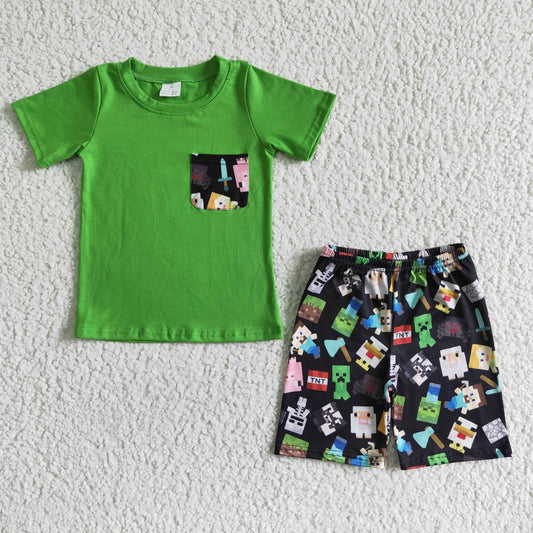 BSSO0078 Green Game Pocket Boys Short Sleeve Shorts Outfits