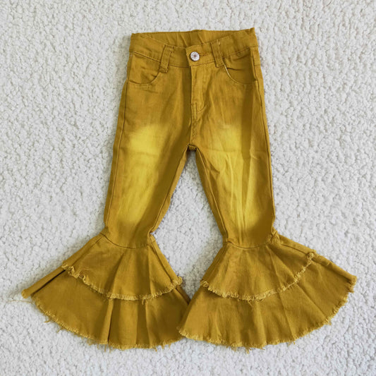 C14-1 Yellow Girls Double Ruffles Denim Jeans