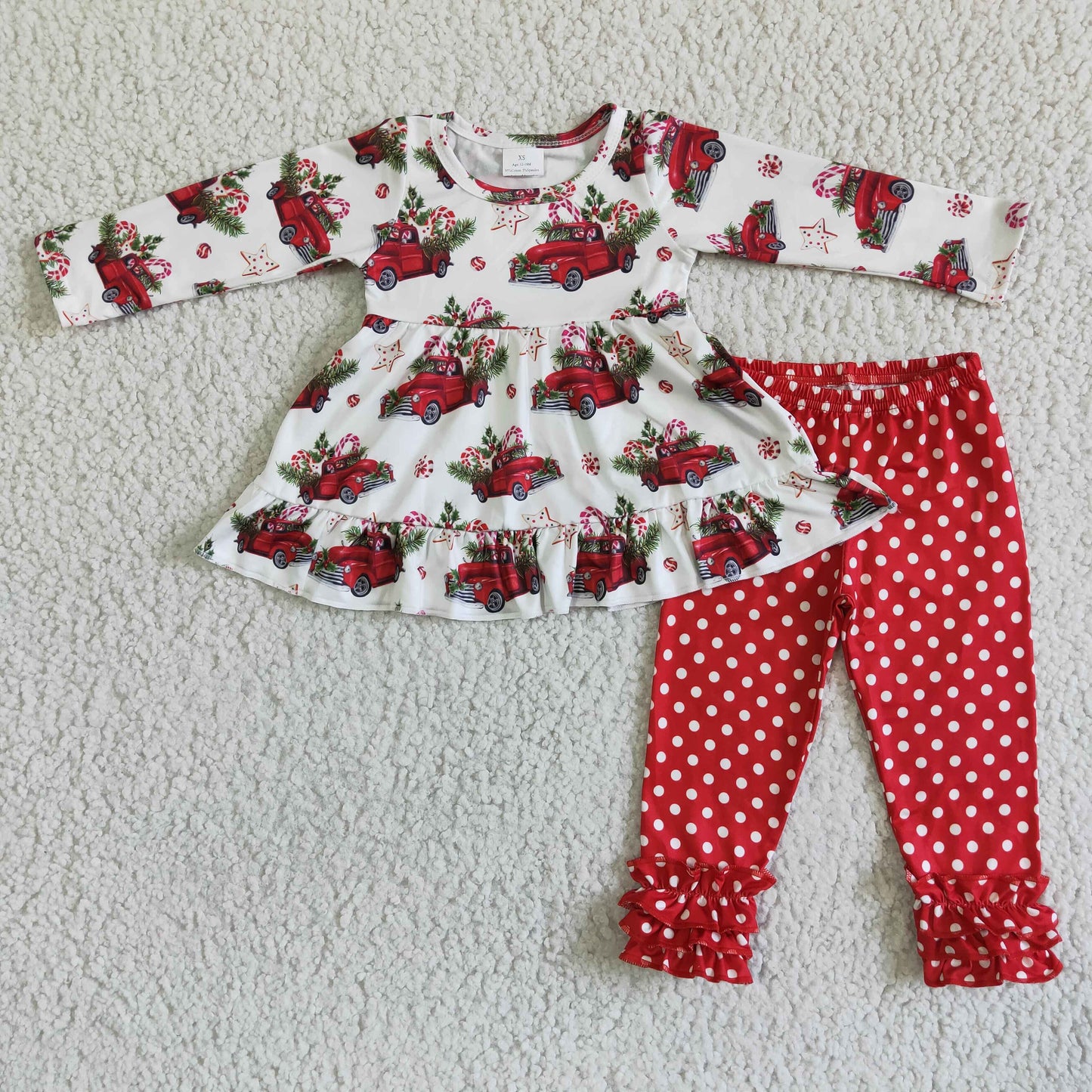 6 A23-15 Christmas Tree Car Red Dots Girls Long Sleeve Pants Outfits