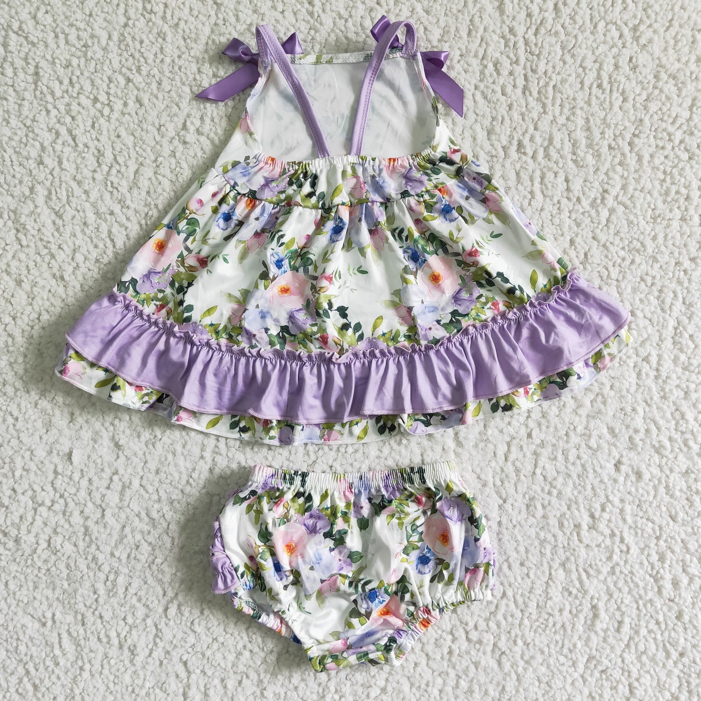 GBO0038 Purple Floral Pocket Girls Short Sleeve Bummies Outfits