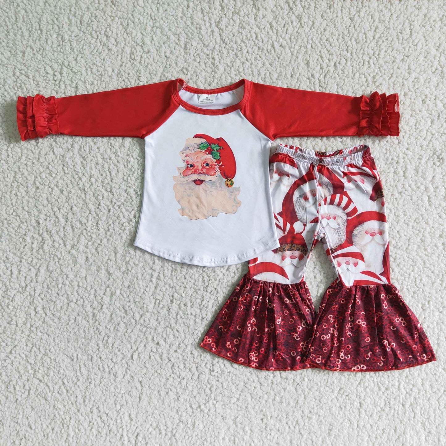 GLP0008 Christmas Santa Red Sequin Girls Long Sleeve Bell Bottom Pants Outfits