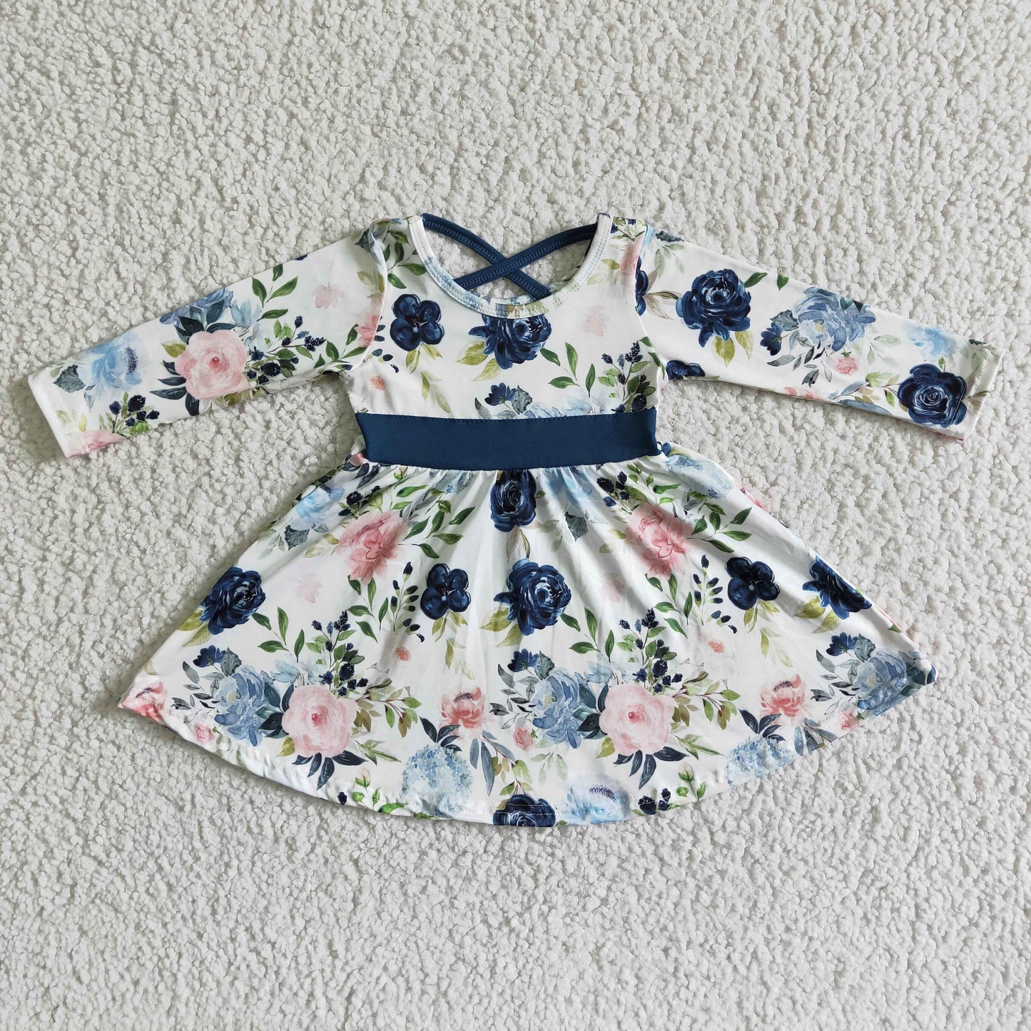 Clearance 6 A8-5 Blue Floral Girls Long Sleeve Dresses