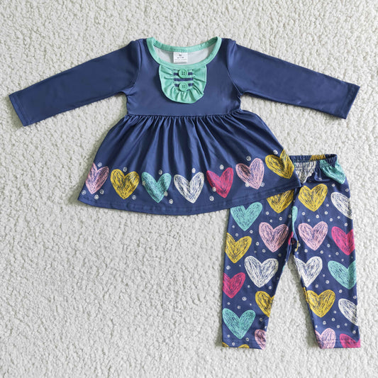 Clearance 6 A23-7 Valentine's Day Love Heart Blue Tunic Girls Long Sleeve Pants Outfits