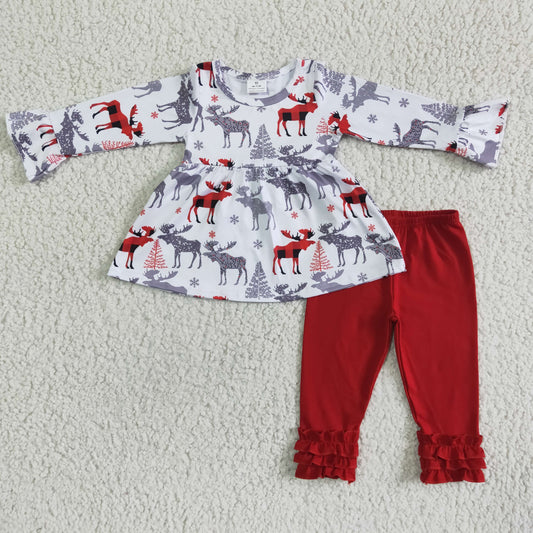 6 A24-3 Christmas Deer Red Tunic Girls Long Sleeve Pants Outfits