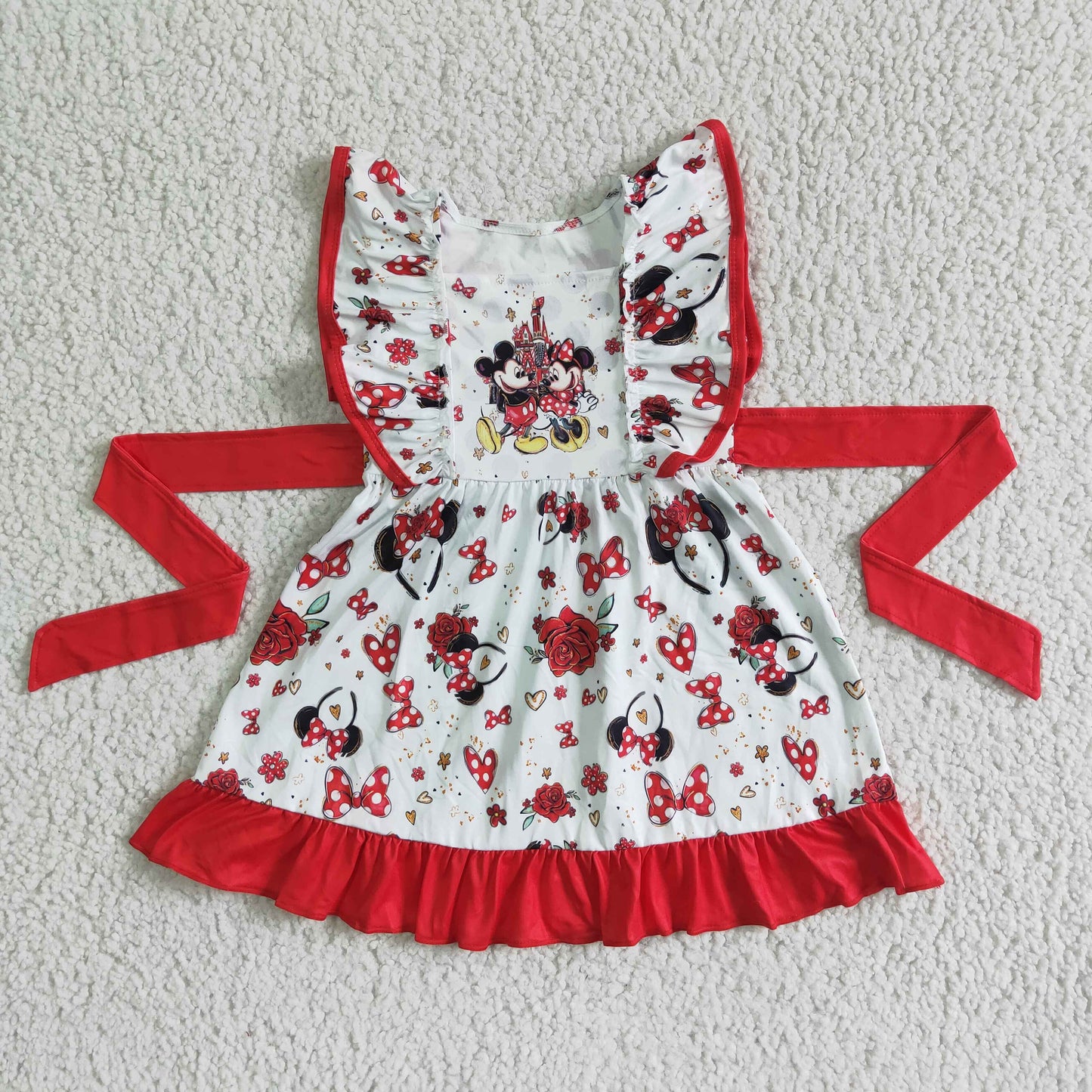 GSD0069 Red Cartoon Love Belt Girls Flutter Sleeve Dresses