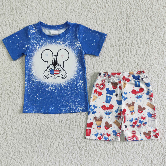 BSSO0068 4th Of July Blue Cartoon Boys Short Sleeve Shorts Outfits