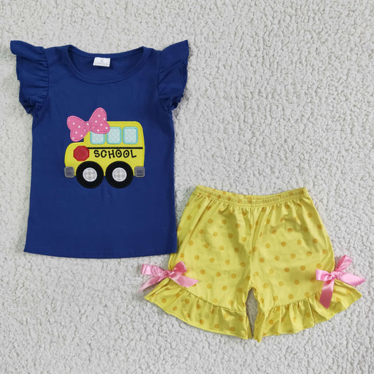 GSSO0091 Blue Yellow Back To School Bus Embroidery Girls Flutter Sleeve Shorts Outfits