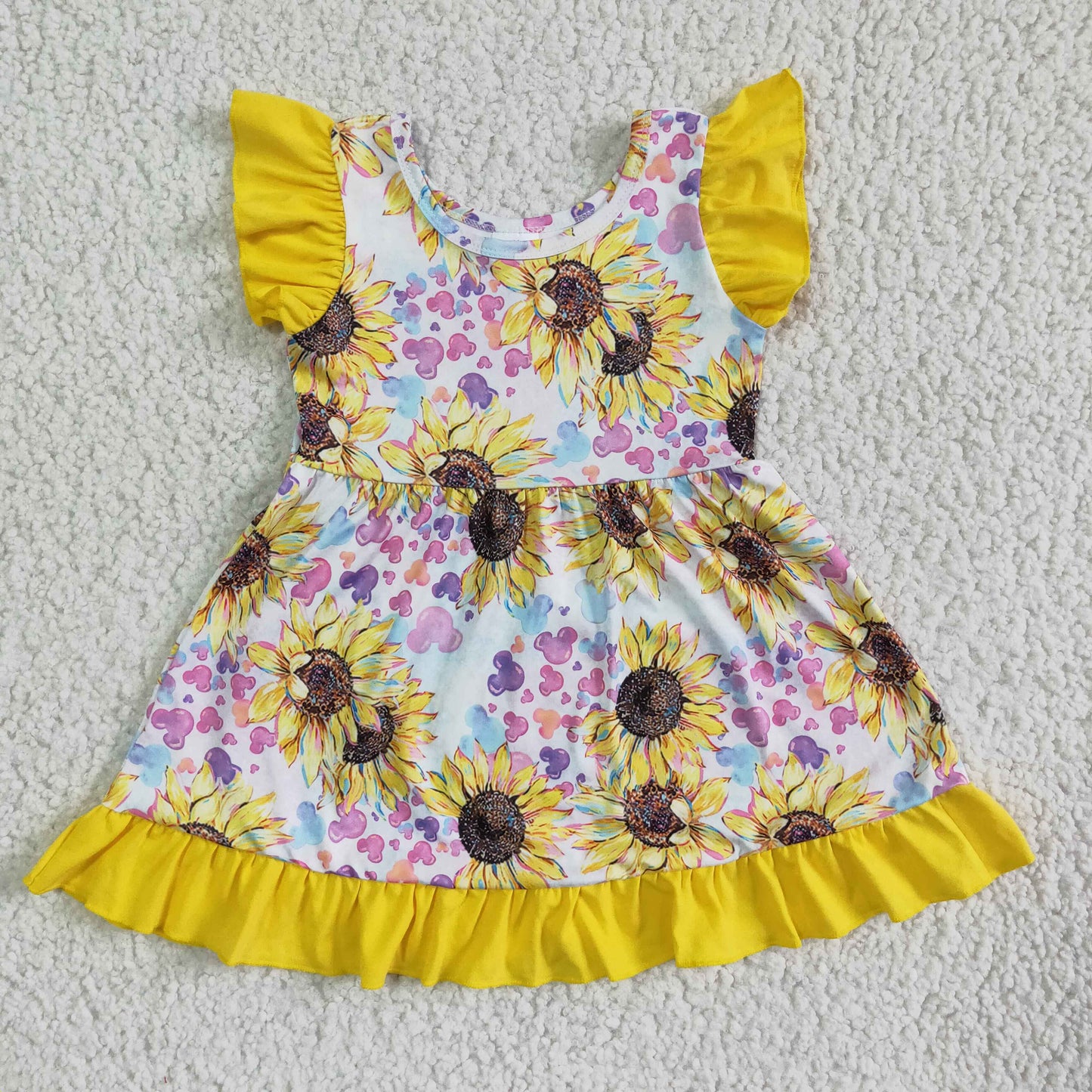 GSD0071 Yellow Sunflower M Cartoon Girls Flutter Sleeve Dresses