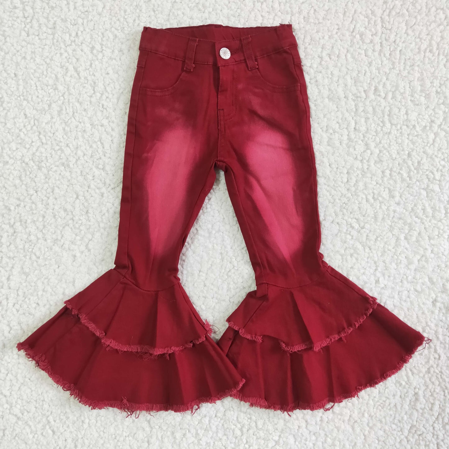 P0004 Red Bleach Girls Double Ruffles Denim Jeans