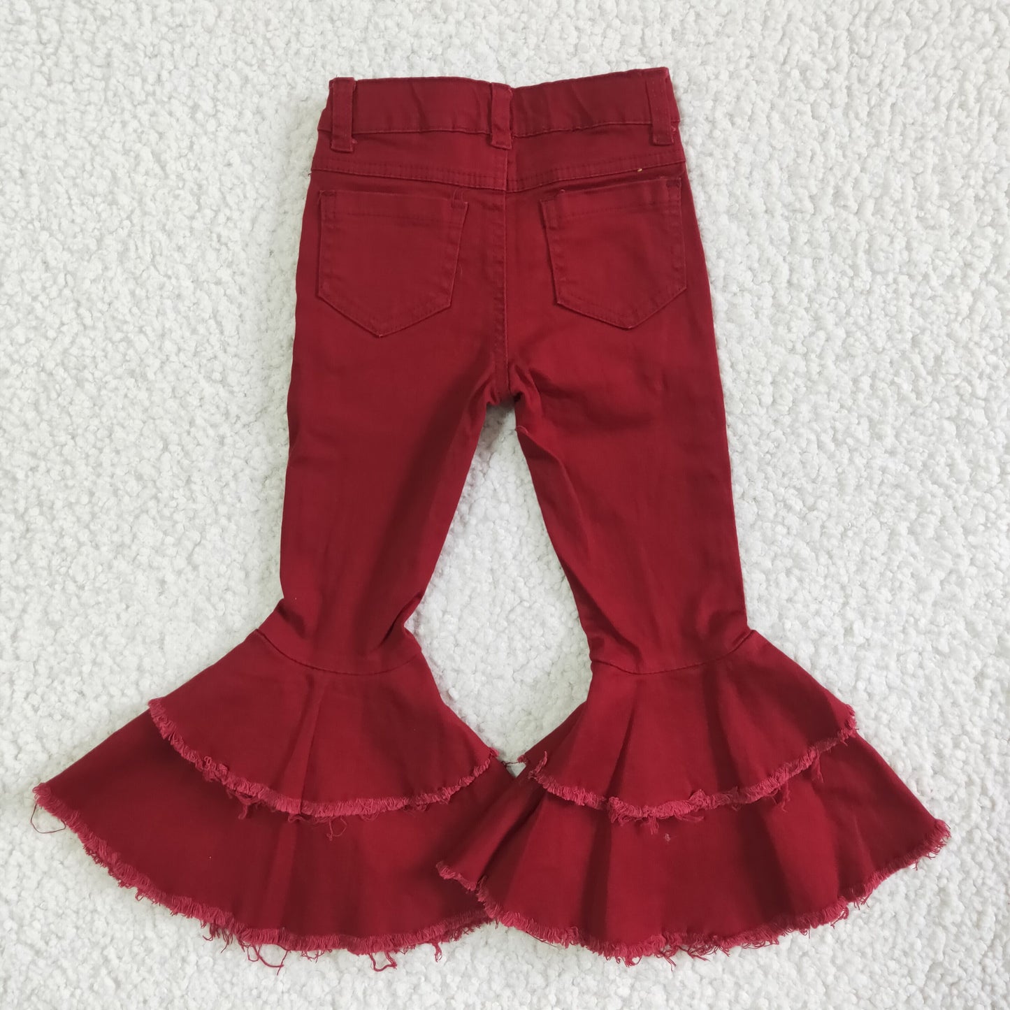 P0004 Red Bleach Girls Double Ruffles Denim Jeans