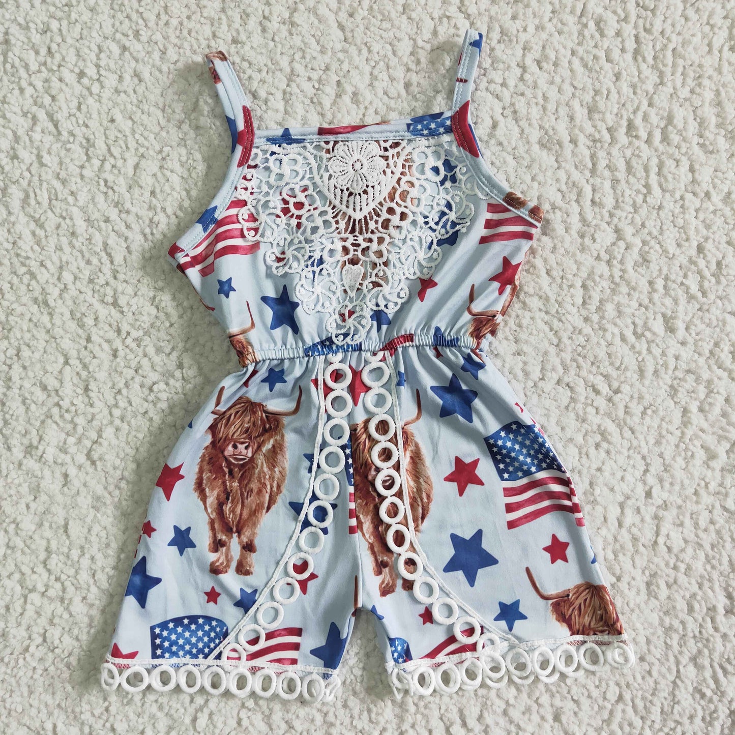 SR0053 4th Of July Blue Flag Highland Cows Lace Girls Sleeveless Jumpsuit