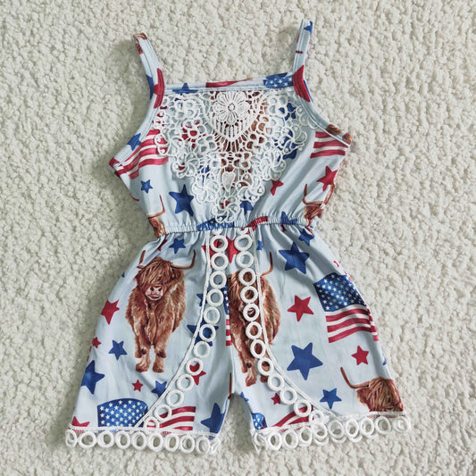 SR0053 4th Of July Blue Flag Highland Cows Lace Girls Sleeveless Jumpsuit