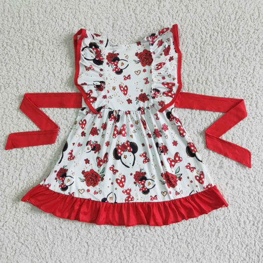 GSD0069 Red Cartoon Love Belt Girls Flutter Sleeve Dresses