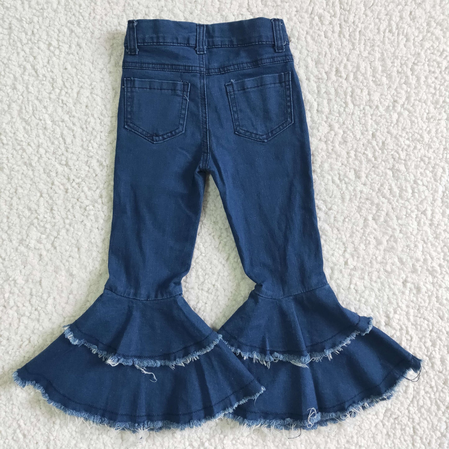 P0003 Blue Bleach Print Double Ruffles Denim Jeans