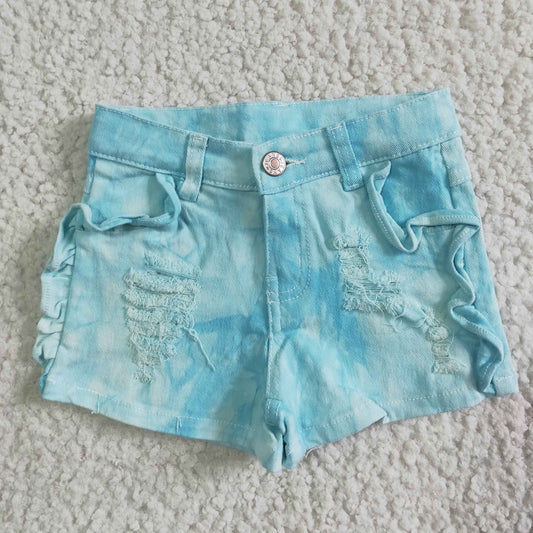 SS0008 Light Blue Distress Girls Shorts Denim Jeans