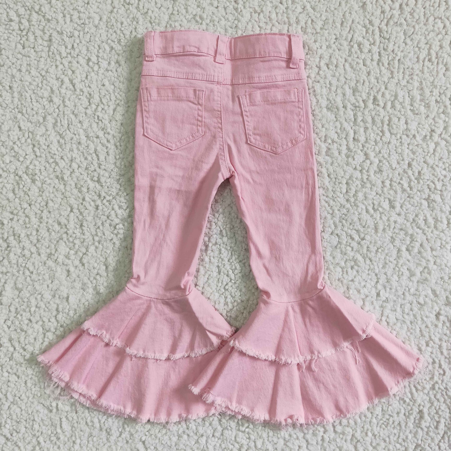 P0005 Pink Distress Double Ruffles Denim Jeans