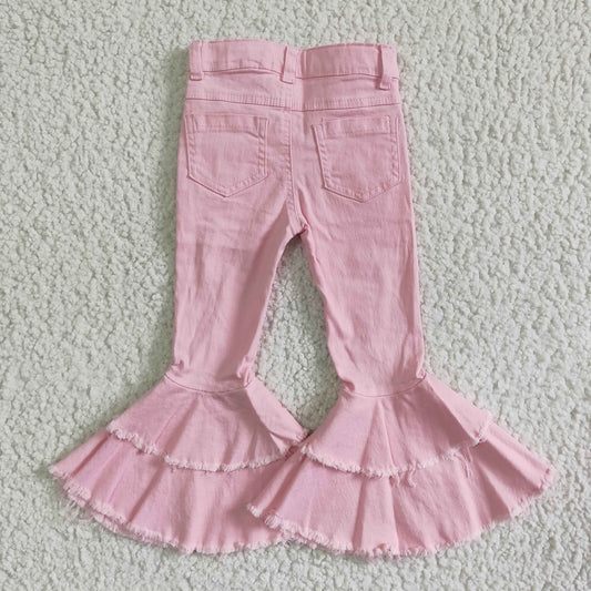 P0005 Pink Distress Double Ruffles Denim Jeans