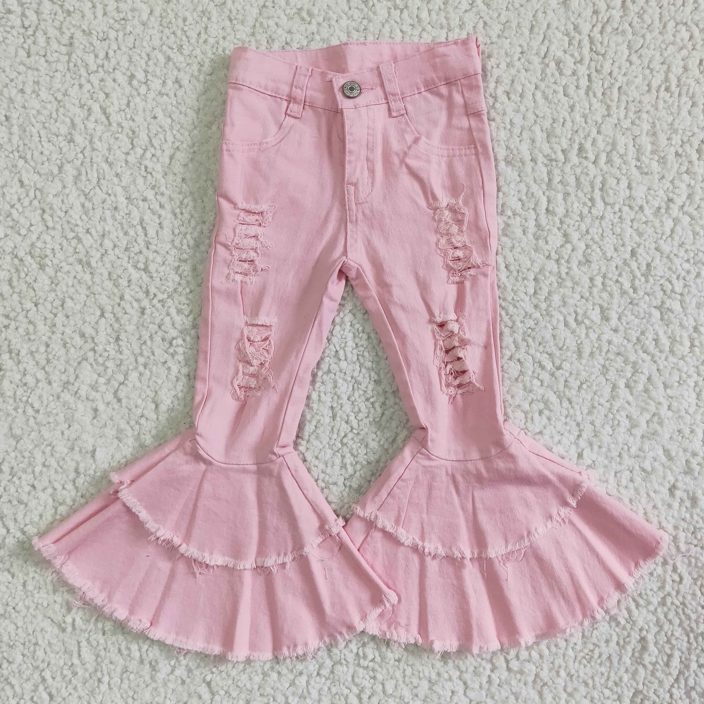 P0005 Pink Distress Double Ruffles Denim Jeans