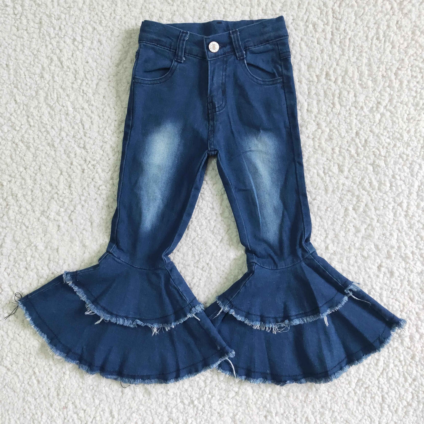 P0003 Blue Bleach Print Double Ruffles Denim Jeans