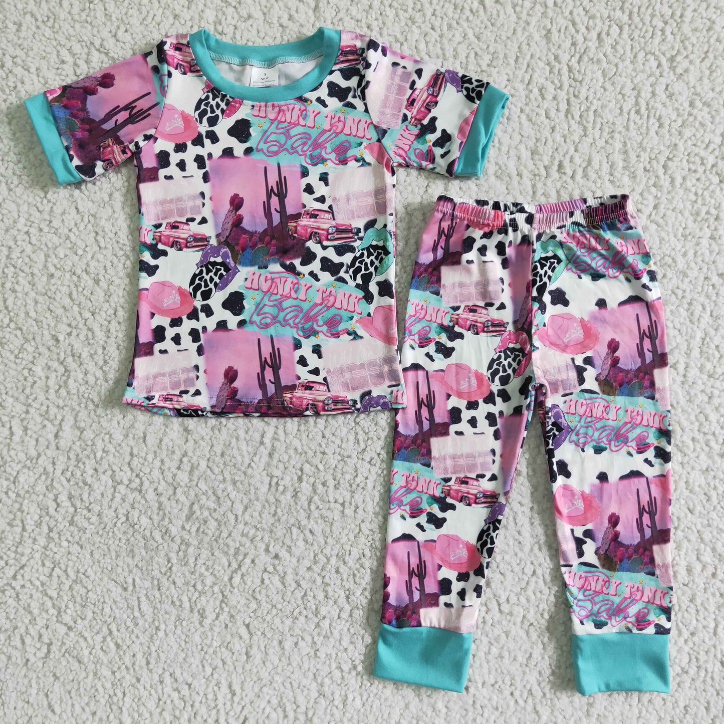 E11-4 Purple Blue Pink Cow Print Western Babe Boys Short Sleeve Pajamas