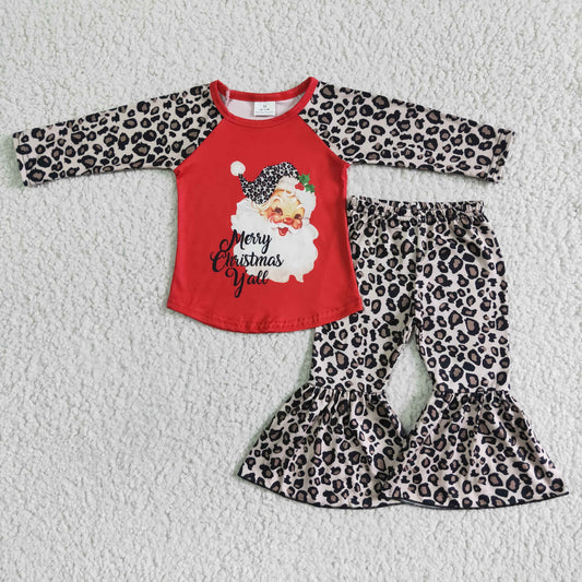 6 A8-15 Merry Christmas Santa Red Leopard Girls Long Sleeve Bell Bottom Pants Outfits