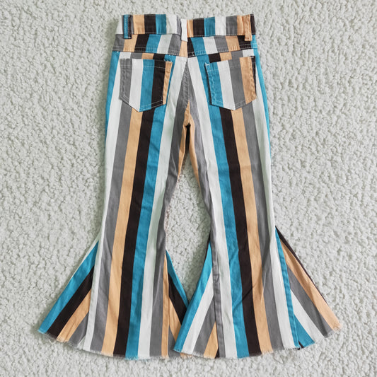 P0002 Blue White Orange Grey Striped Girls Bell Pants Denim Jeans